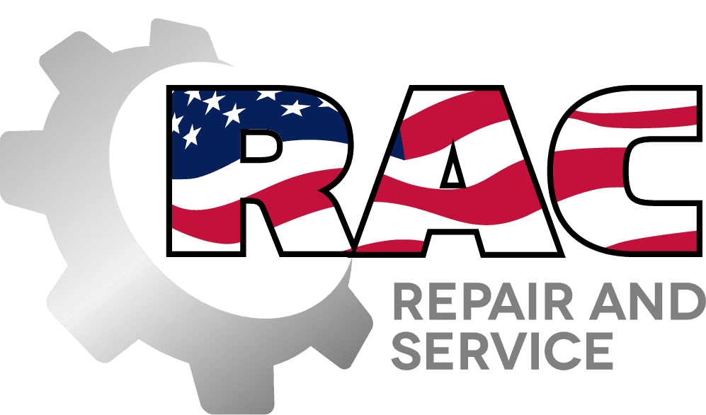 RAC Repair and Service logo with American flag-filled letters and a large grey gear.